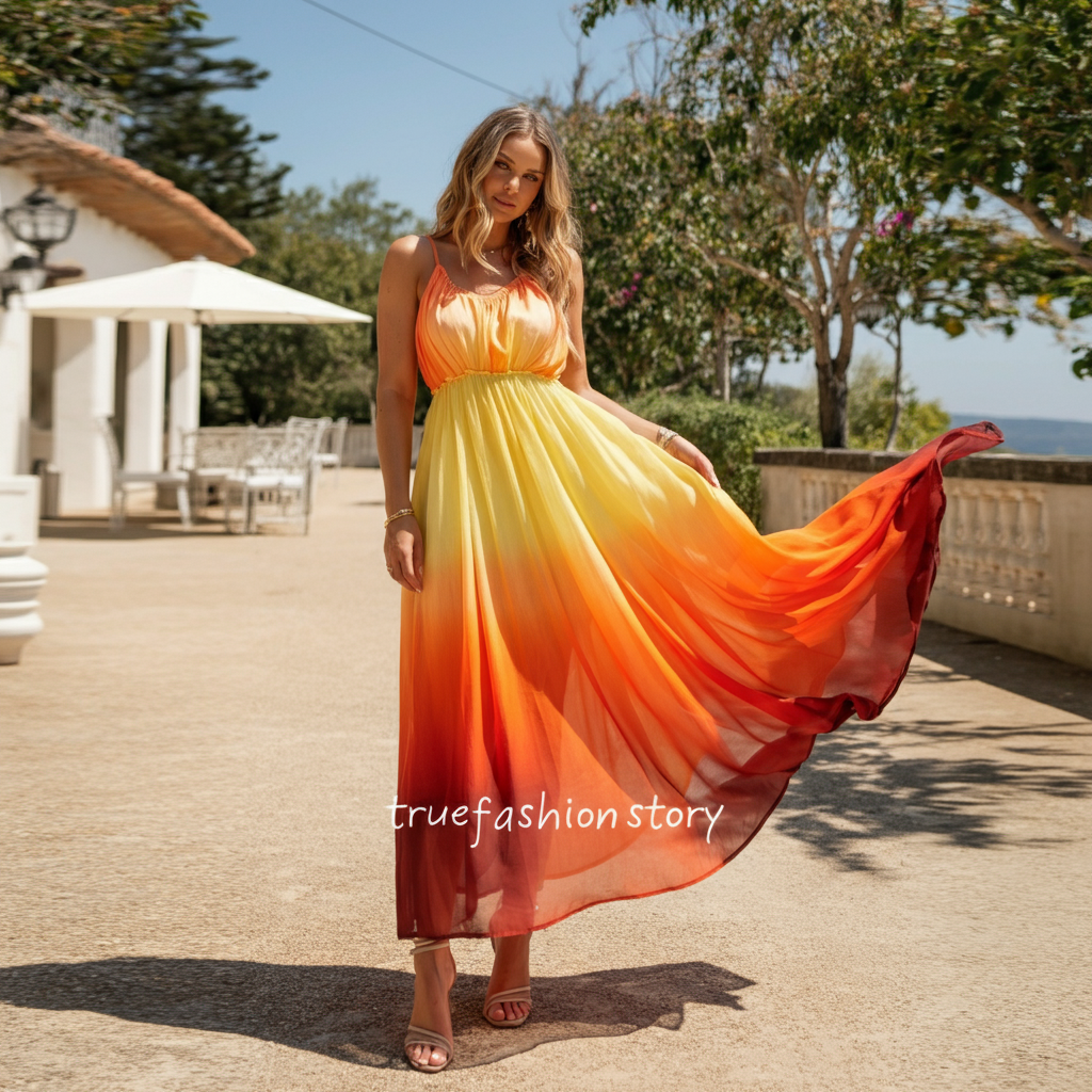A woman wearing a beautiful floor-length orange ombre dress, with colors blending from dark orange at the bottom to light yellow at the top, standing in a sunny outdoor setting.