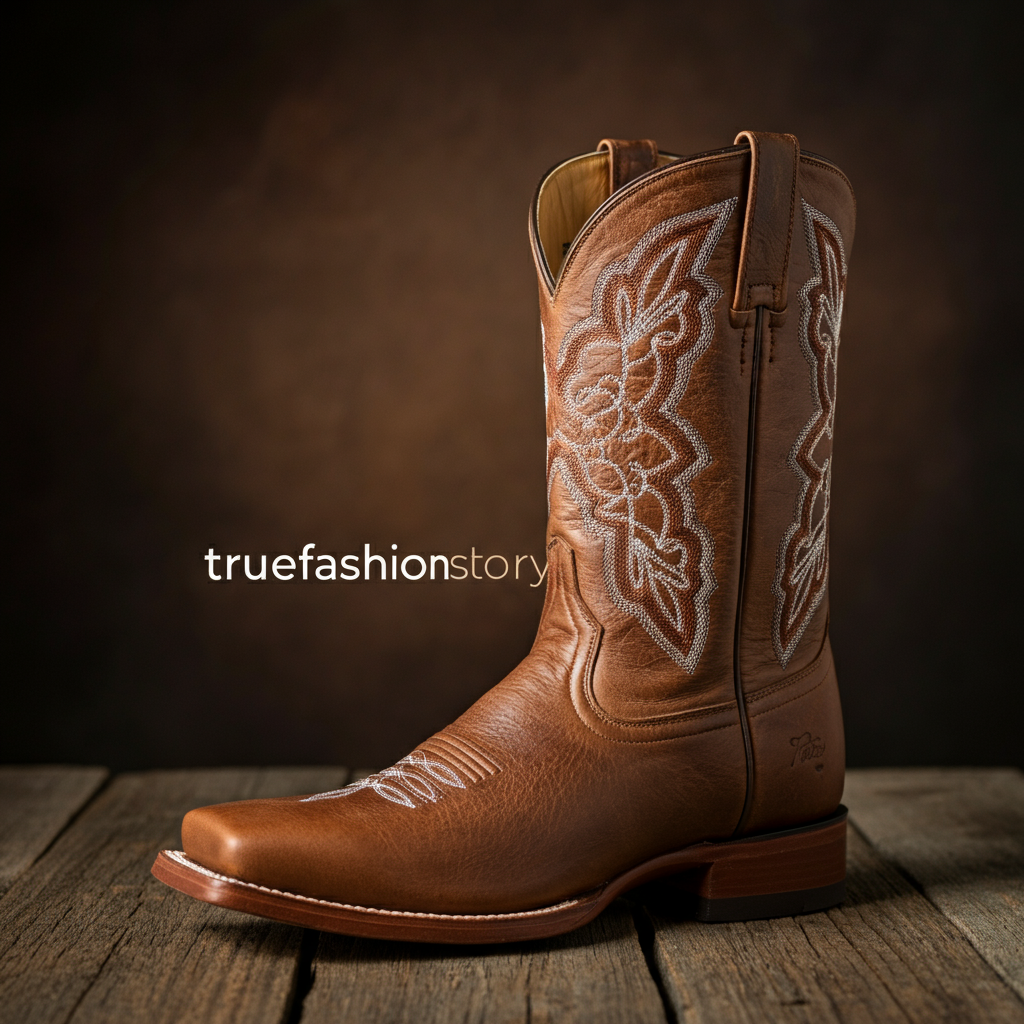 A close-up shot of a beautifully crafted brown leather overlay boot with an intricate white floral design stitched on the shaft.
