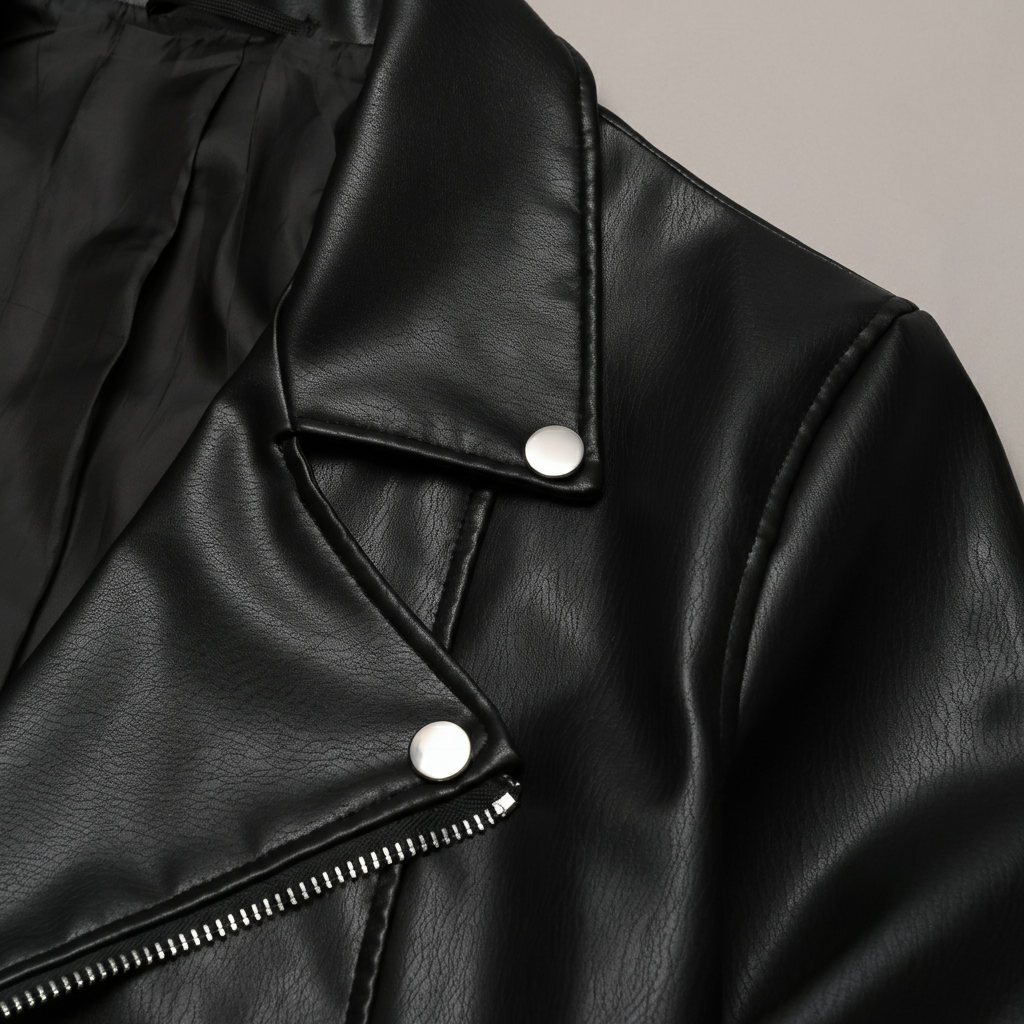A close-up shot of a black PU leather jacket showing its texture and grain.