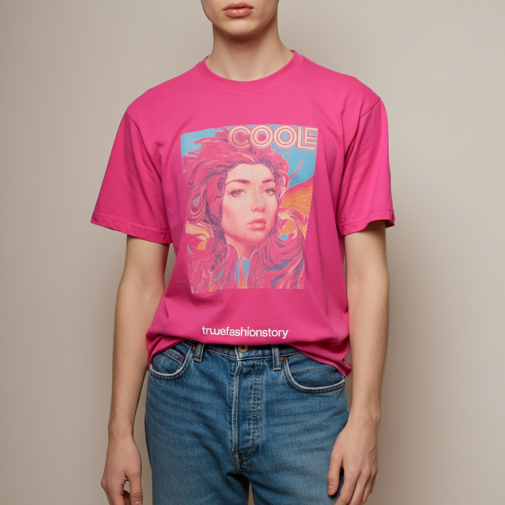 A stylish person wearing a vibrant pink graphic tee with a cool, artistic design, paired with blue jeans and standing against a neutral background.