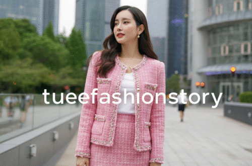 A woman smiling confidently while wearing a stylish pink tweed jacket and matching skirt set against a neutral city backdrop.