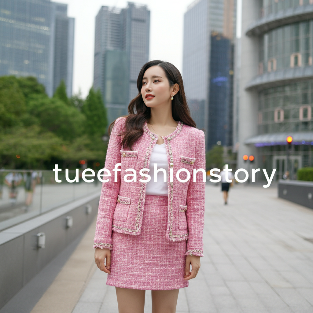 A woman smiling confidently while wearing a stylish pink tweed jacket and matching skirt set against a neutral city backdrop.
