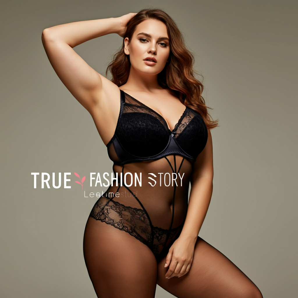 A smiling woman with curves wearing a stylish black lace plus size bodystocking, posing confidently against a neutral background.
