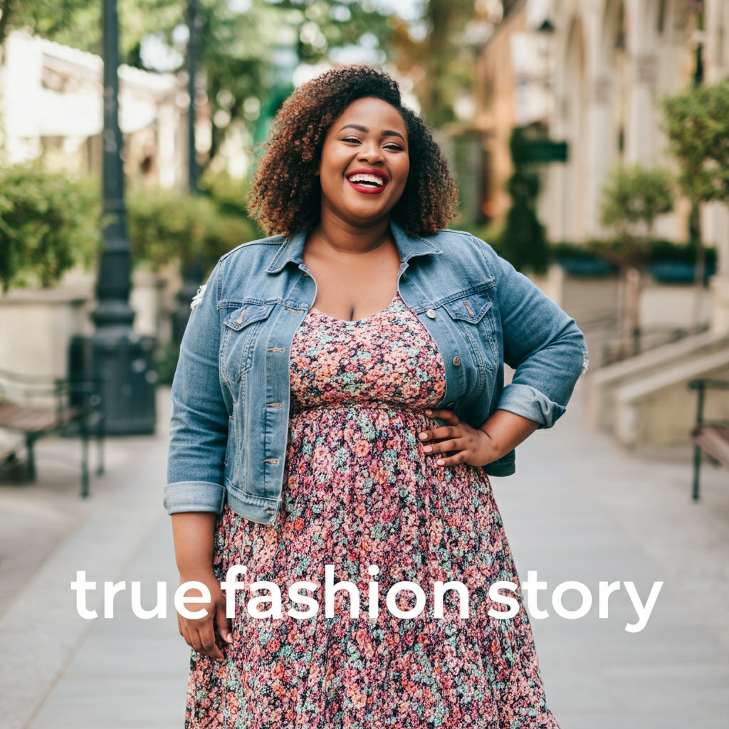 A stylish plus size woman smiling confidently while wearing a trendy outfit featuring a colorful floral midi dress and a denim jacket.