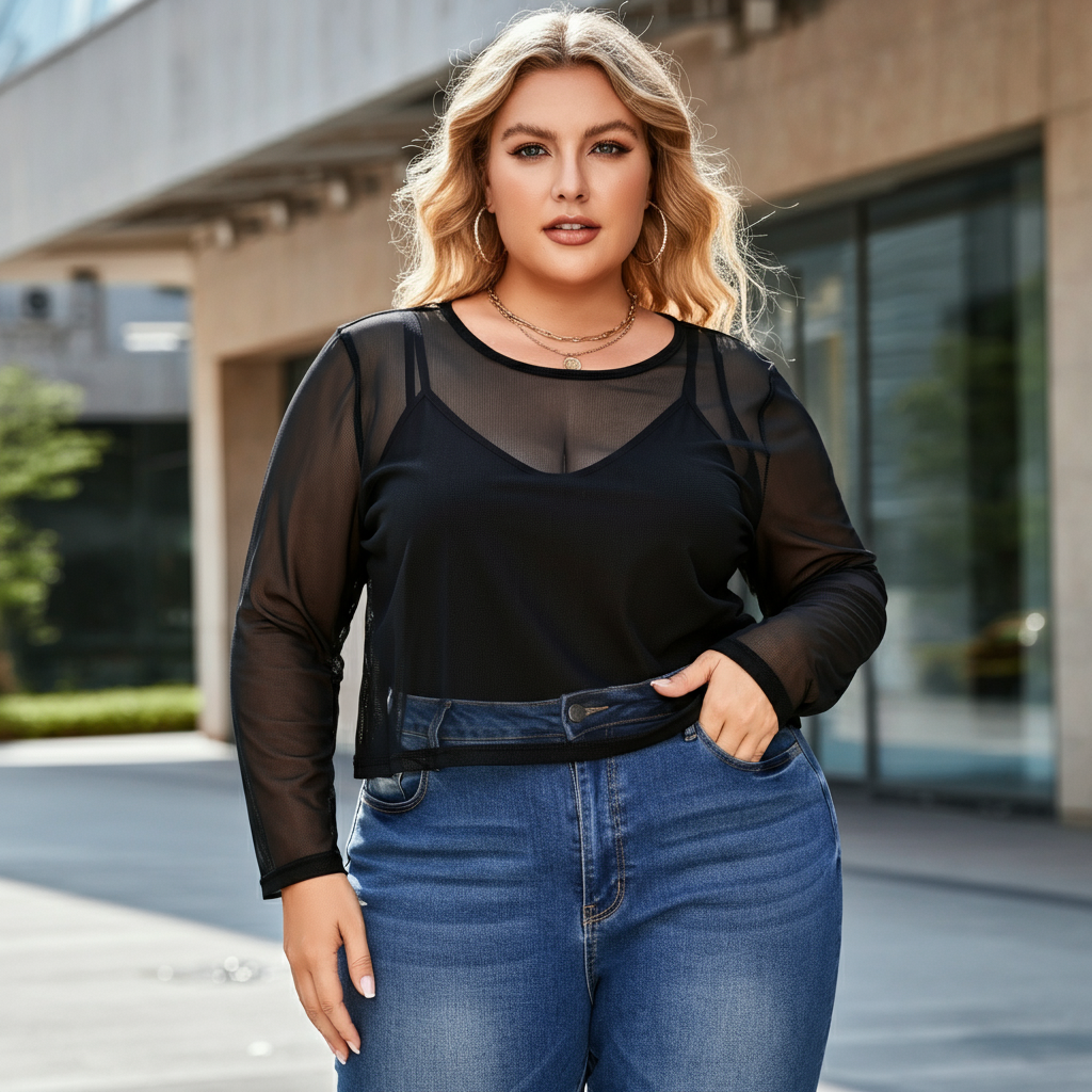 A confident plus-size woman smiling while wearing a stylish black long-sleeved mesh top layered over a camisole, paired with blue jeans.