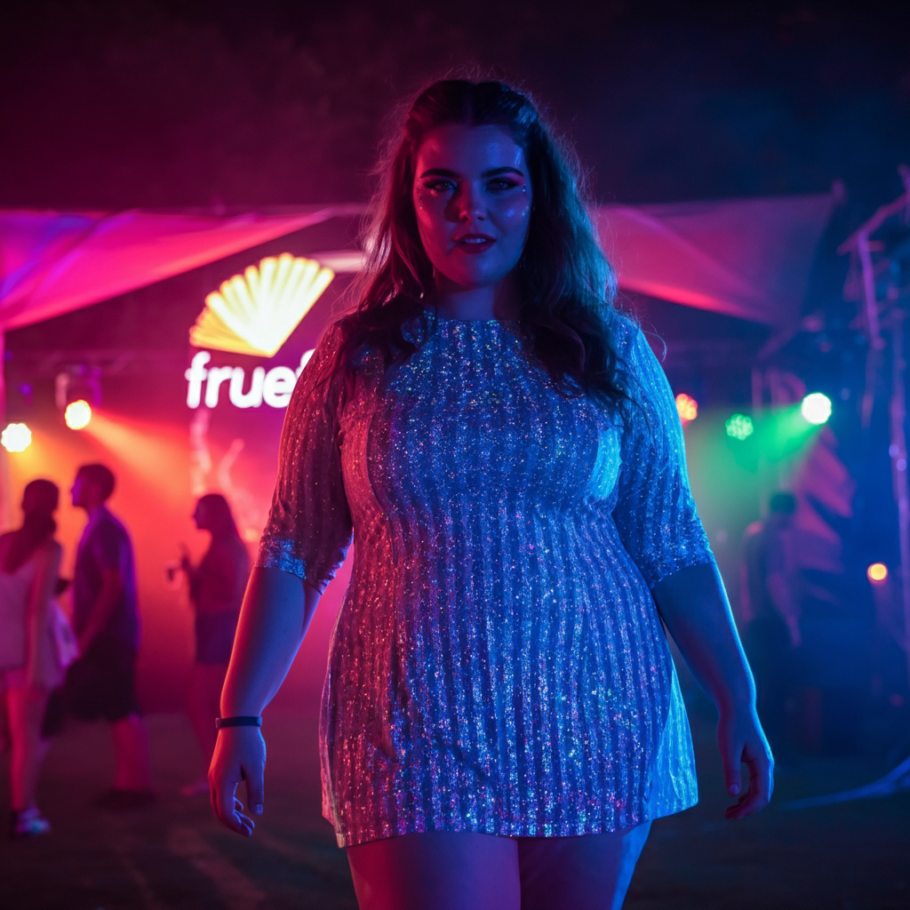 A confident woman wearing a vibrant, holographic plus size rave dress, smiling under festival lights.