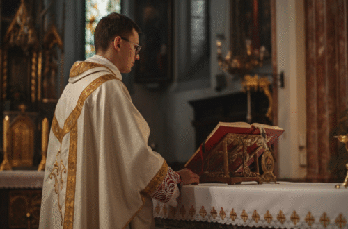 A priest wearing a white and gold chasuble and stole stands at an altar during a church service.