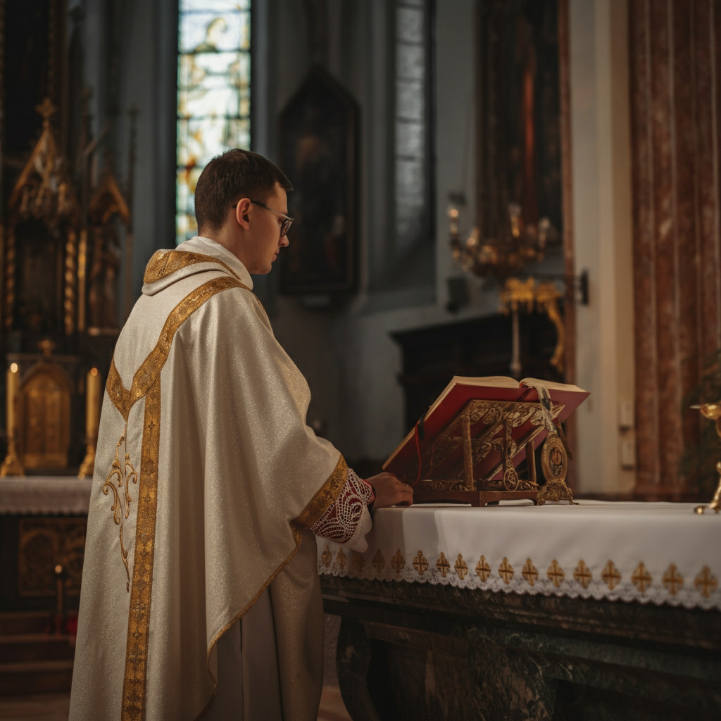 A priest wearing a white and gold chasuble and stole stands at an altar during a church service.