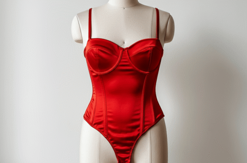 A woman confidently wearing a stylish red satin corset bodysuit paired with black high-waisted trousers in a chic, modern setting.