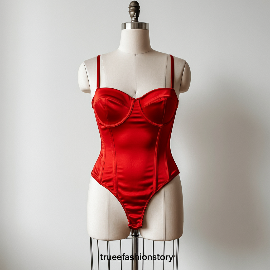 A woman confidently wearing a stylish red satin corset bodysuit paired with black high-waisted trousers in a chic, modern setting.