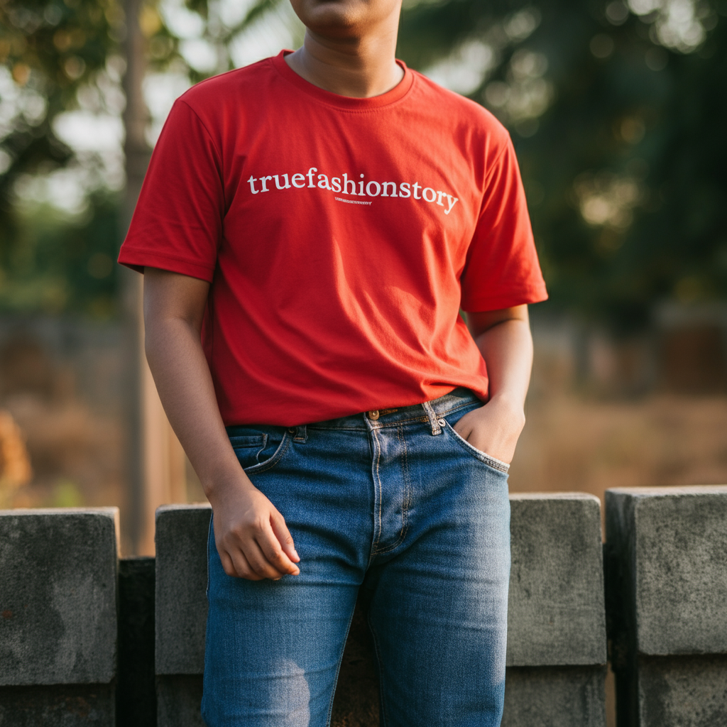 A person wearing a stylish red graphic tee paired with blue jeans, showcasing a confident and casual look.