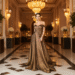A woman wearing a glamorous floor-length roxi dress gold at a formal event, smiling confidently.