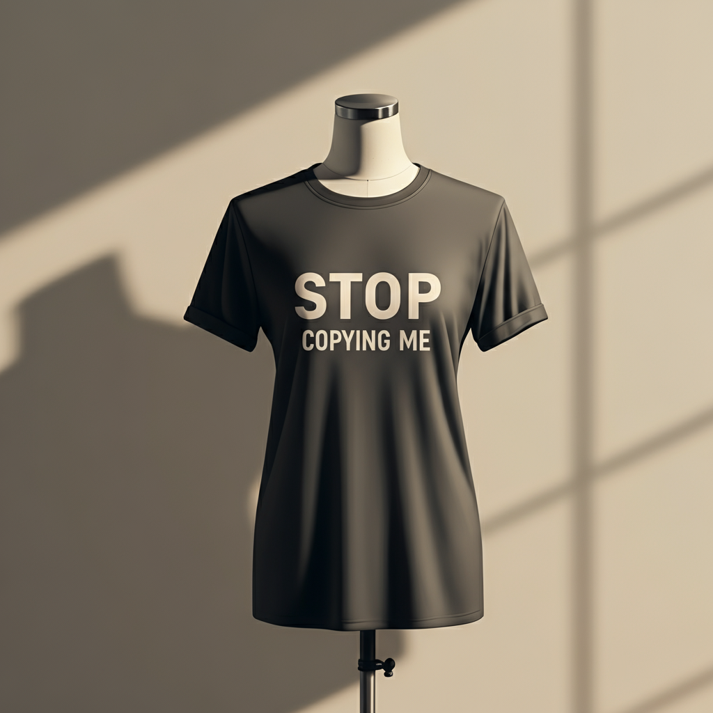 A person wearing a white t-shirt with the black text "stop copying me shirt" standing against a neutral background.