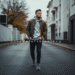 A stylish man wearing a layered street style outfit with a bomber jacket, hoodie, and sneakers, walking down a city street.