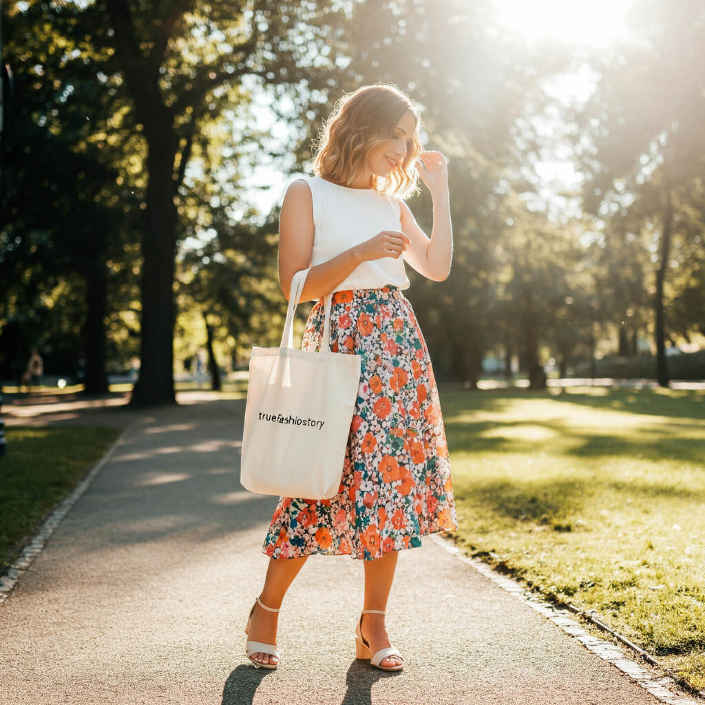 A woman smiling and wearing a stylish, affordable summer outfit consisting of a white top and a floral skirt, standing in a sunny park.