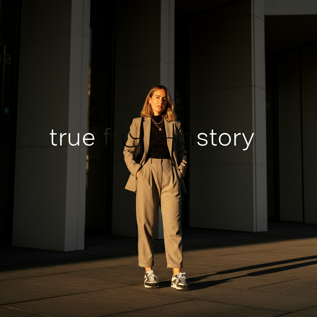 A stylish person confidently showcasing a tomboy fashion style outfit, featuring a blazer, relaxed trousers, and sneakers in a modern urban setting.
