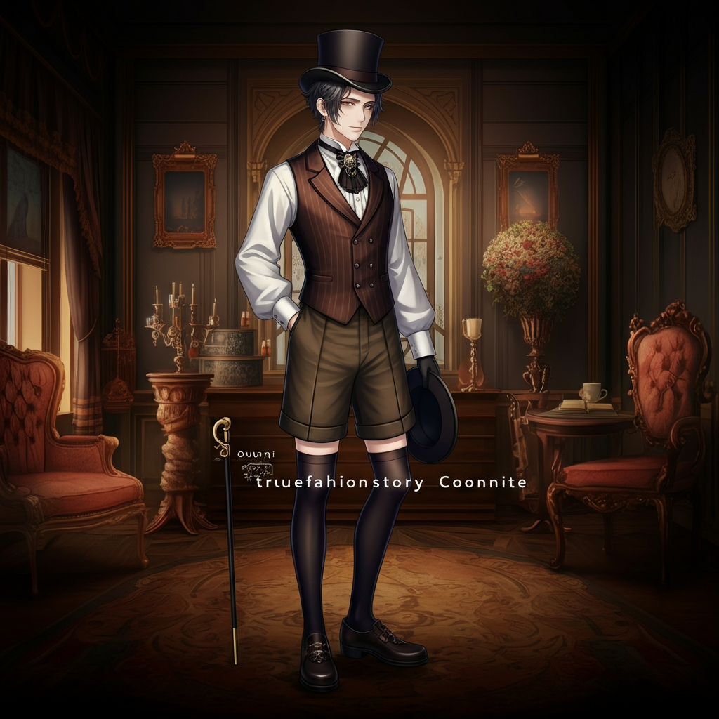 A person wearing a complete Ouji fashion coordinate, including a vest, knickerbocker shorts, knee-high socks, and a top hat, standing in an elegant pose.