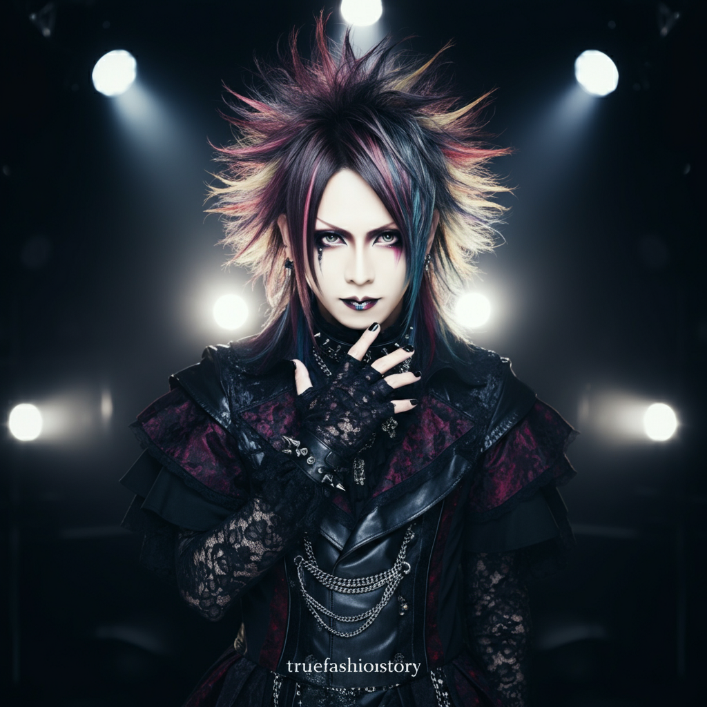 An androgynous person with dramatic spiked hair and elaborate dark clothing, representing the core aesthetic of visual kei fashion.