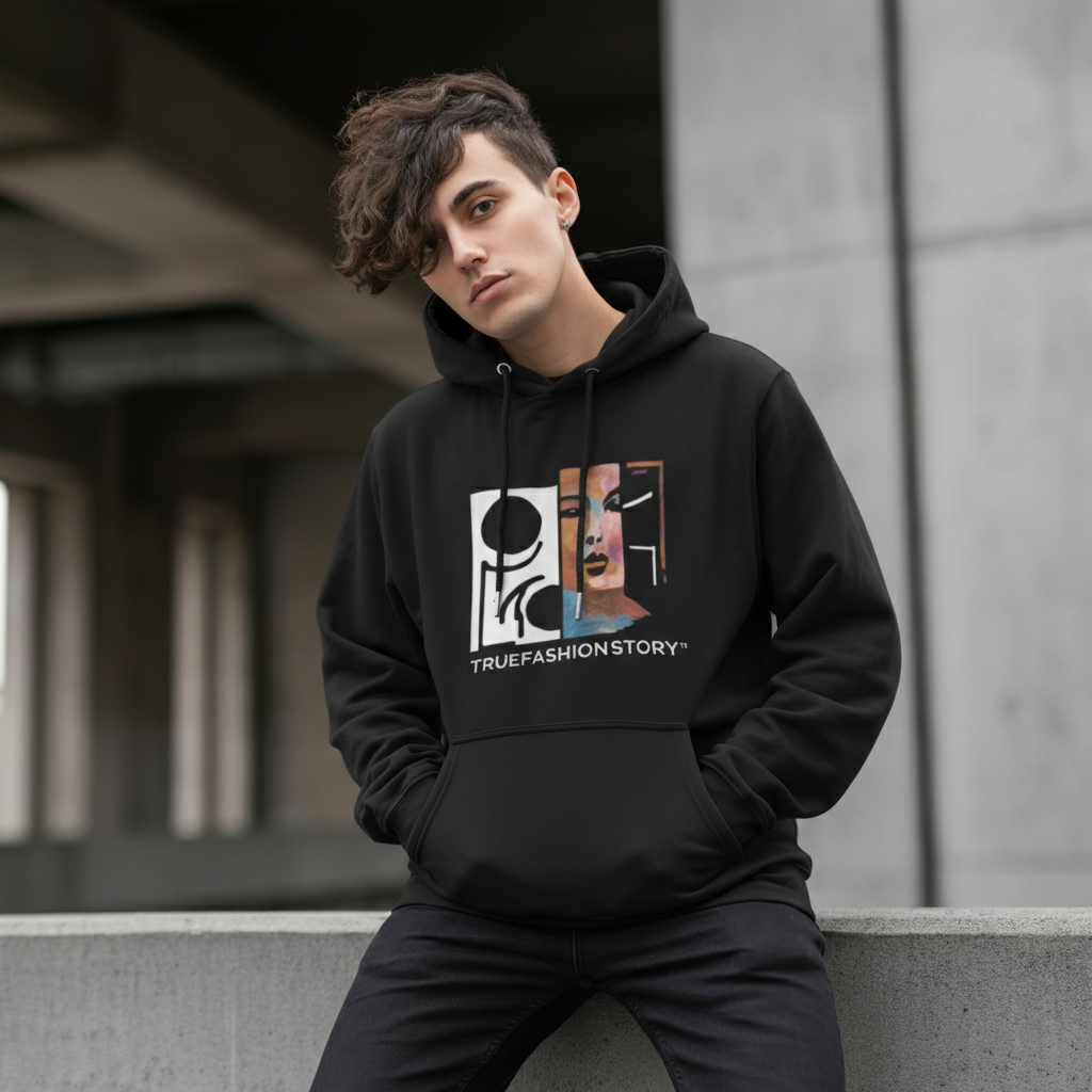 A stylish person wearing a black Pablo Escobar hoodie against a neutral urban background.