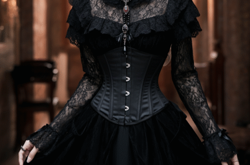 A person wearing a detailed Victorian Gothic outfit, featuring a black lace dress, a corset, and a choker, standing in a dimly lit, historic setting.
