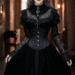 A person wearing a detailed Victorian Gothic outfit, featuring a black lace dress, a corset, and a choker, standing in a dimly lit, historic setting.