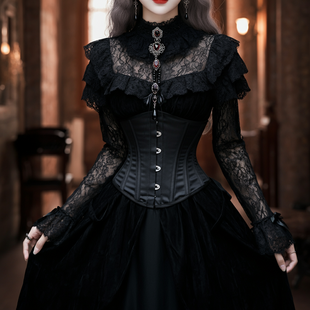 A person wearing a detailed Victorian Gothic outfit, featuring a black lace dress, a corset, and a choker, standing in a dimly lit, historic setting.