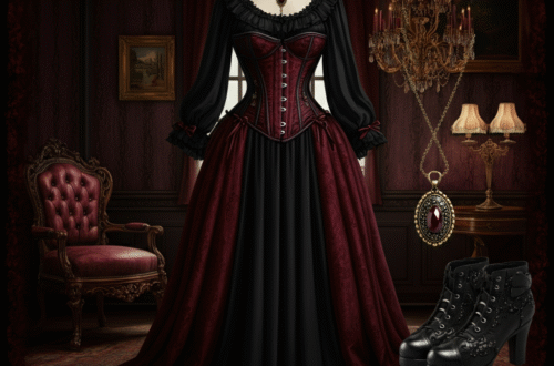 Victorian gothic fashion, dark romantic dress, corset, long black gown, gothic accessories, vintage style