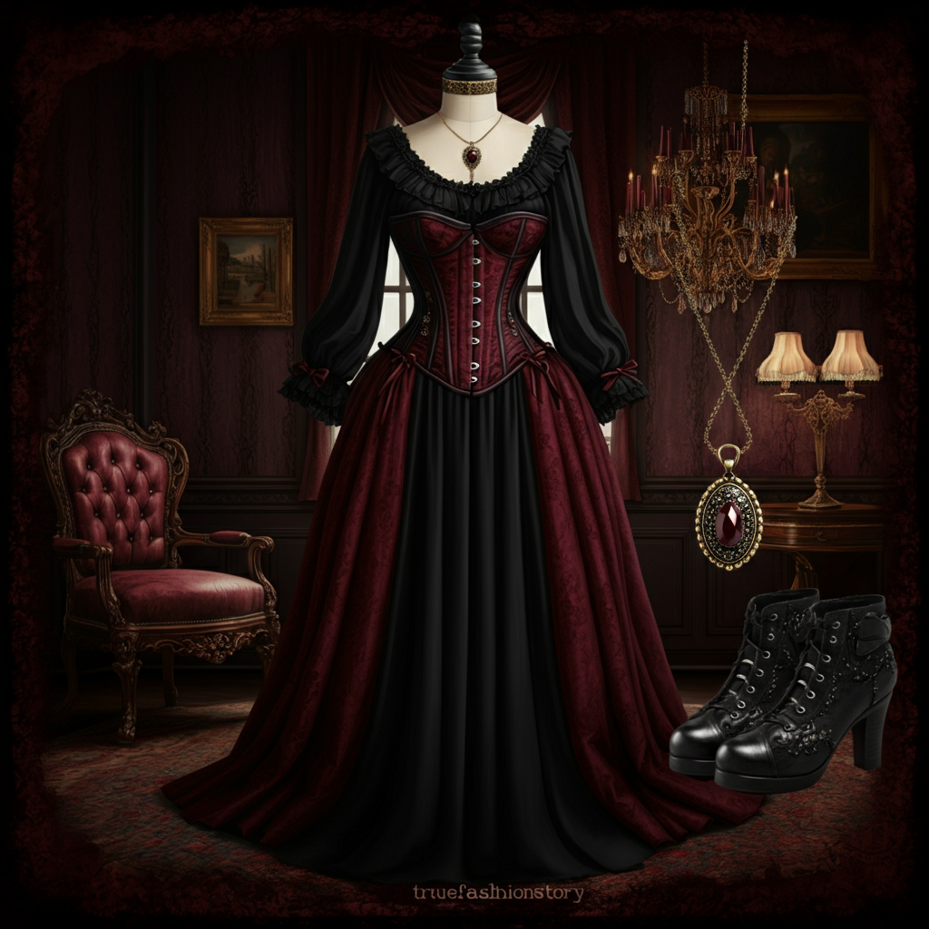Victorian gothic fashion, dark romantic dress, corset, long black gown, gothic accessories, vintage style