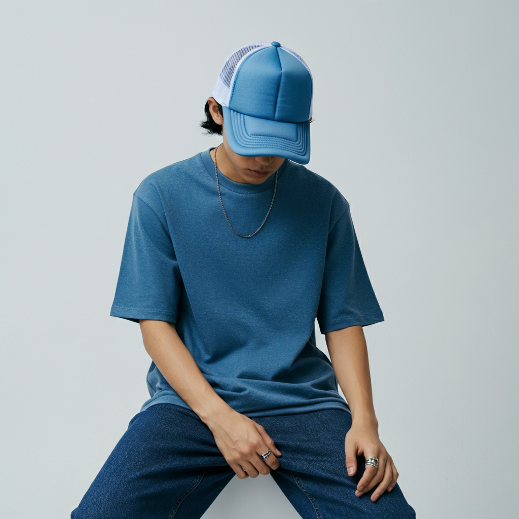 A stylish person wearing a matching Von Dutch set, including a blue trucker hat and t-shirt, against a clean, modern background.