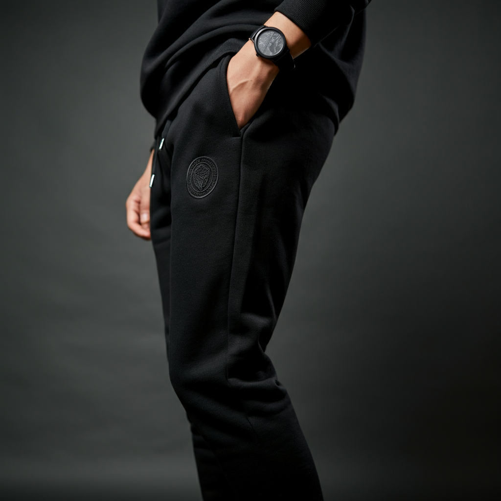 A stylish person wearing a pair of classic black Von Dutch sweatpants with the iconic logo visible on the thigh.