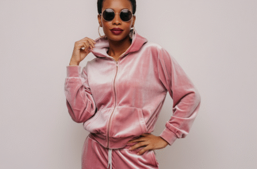 A person wearing a classic pink velour Von Dutch sweatsuit, posing against a neutral background.