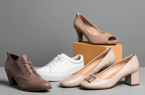 A stylish collection of different women's shoes in wide sizes, including heels, flats, and sneakers, arranged on a clean background.