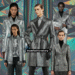 A collage of models wearing futuristic Y3K fashion, featuring metallic silver fabrics, sharp silhouettes, and chrome accessories.