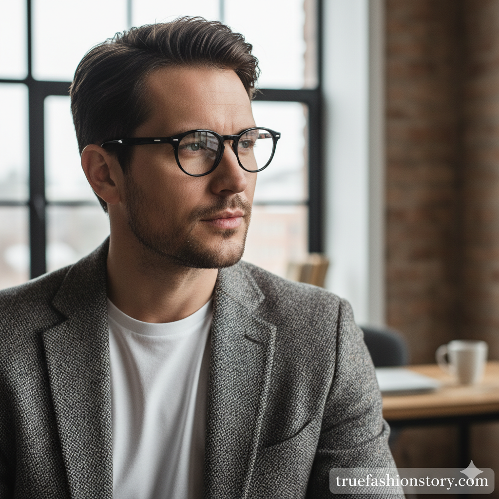 Stylish men wearing modern eyeglasses, trendy frames, professional casual looks