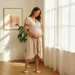 A smiling pregnant woman wearing a stylish floral ASOS maternity dress, standing in a brightly lit room.