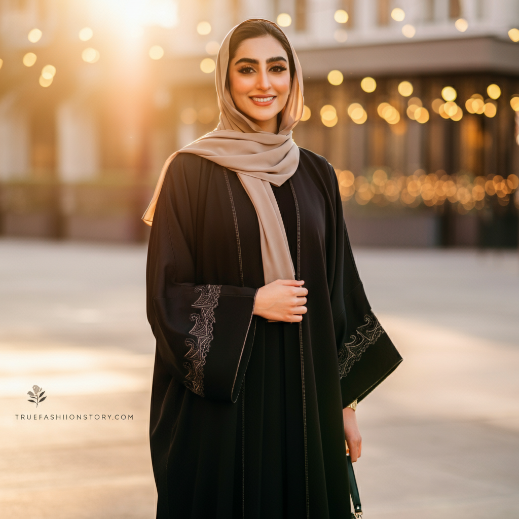 A woman wearing a modern, elegant black abaya dress with delicate embroidery, standing in a chic, well-lit setting.
