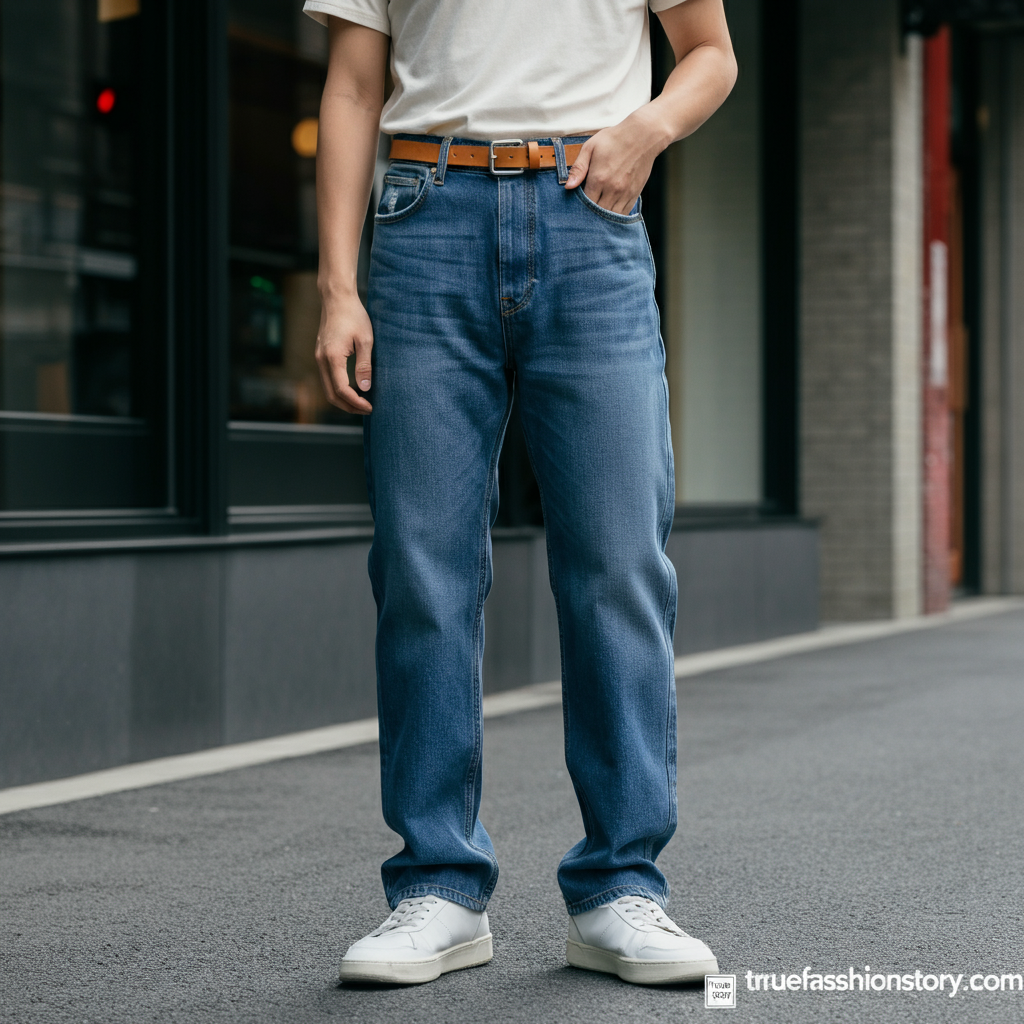 A stylish woman wearing light-wash barrel jeans, a tucked-in white t-shirt, and white sneakers, standing against a neutral urban background.