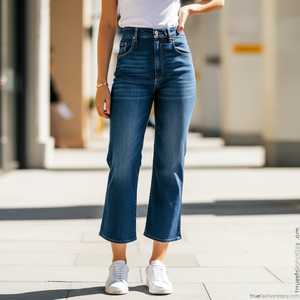 A stylish person wearing high-waisted denim barrel pants and a white t-shirt, standing against a neutral urban background.