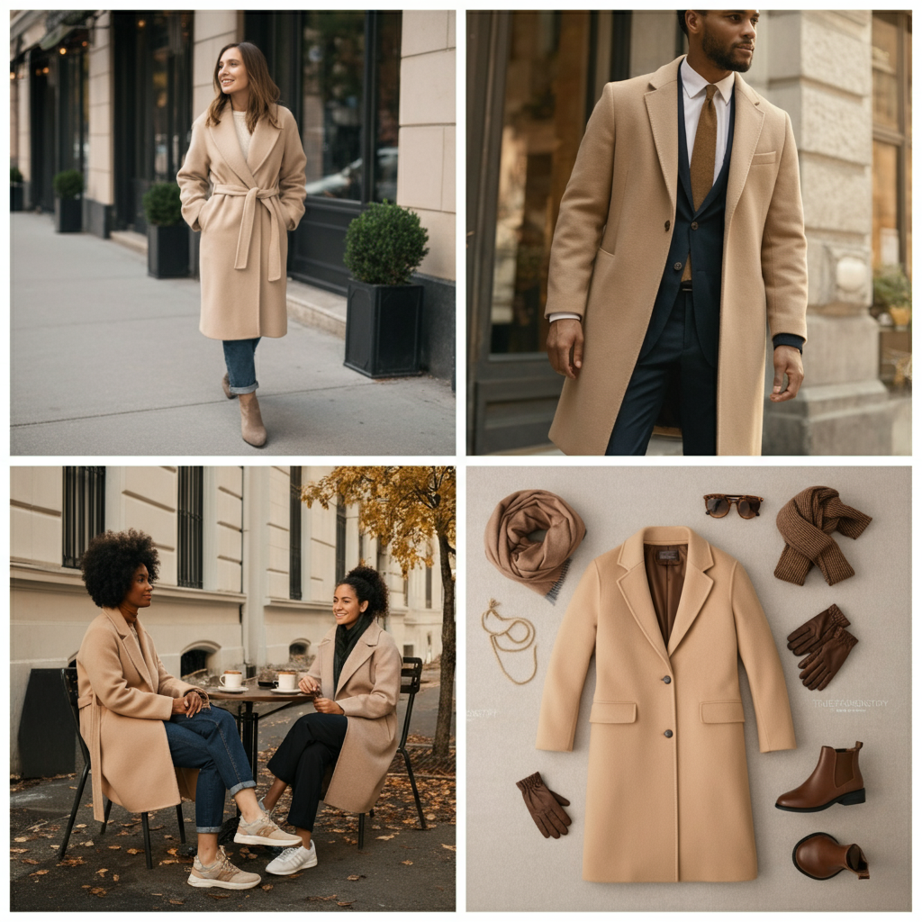 A stylish person wearing a classic, knee-length beige colour coat while walking down a city street in the fall.