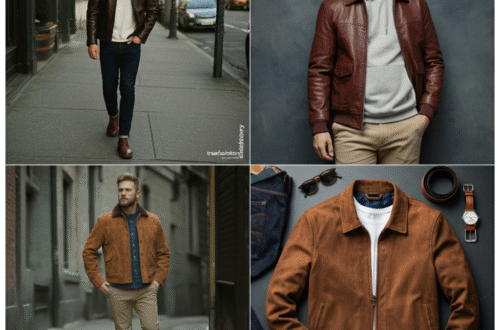 A stylish man wearing a classic cognac-colored brown leather bomber jacket over a white t-shirt and blue jeans, standing in a well-lit urban setting.