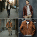 A stylish man wearing a classic cognac-colored brown leather bomber jacket over a white t-shirt and blue jeans, standing in a well-lit urban setting.
