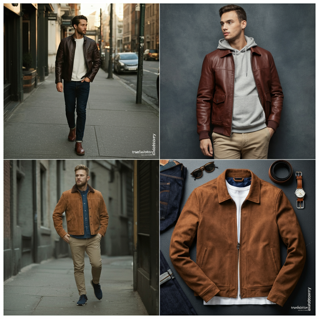 A stylish man wearing a classic cognac-colored brown leather bomber jacket over a white t-shirt and blue jeans, standing in a well-lit urban setting.