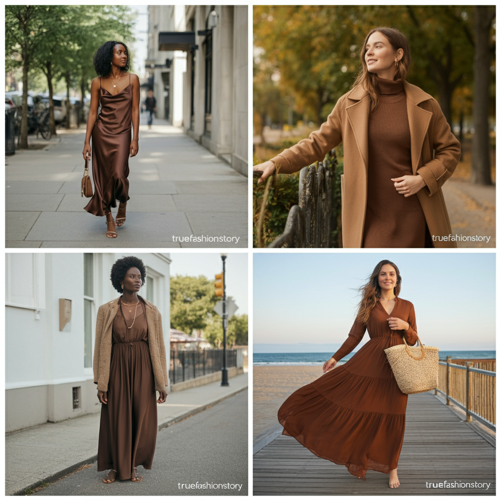 A woman with a confident smile wearing a flowing chocolate brown maxi dress, standing in a sunlit autumn park with colorful leaves on the ground.