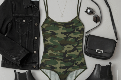 A woman confidently wearing a stylish camouflage bodysuit paired with black jeans in a modern urban setting.