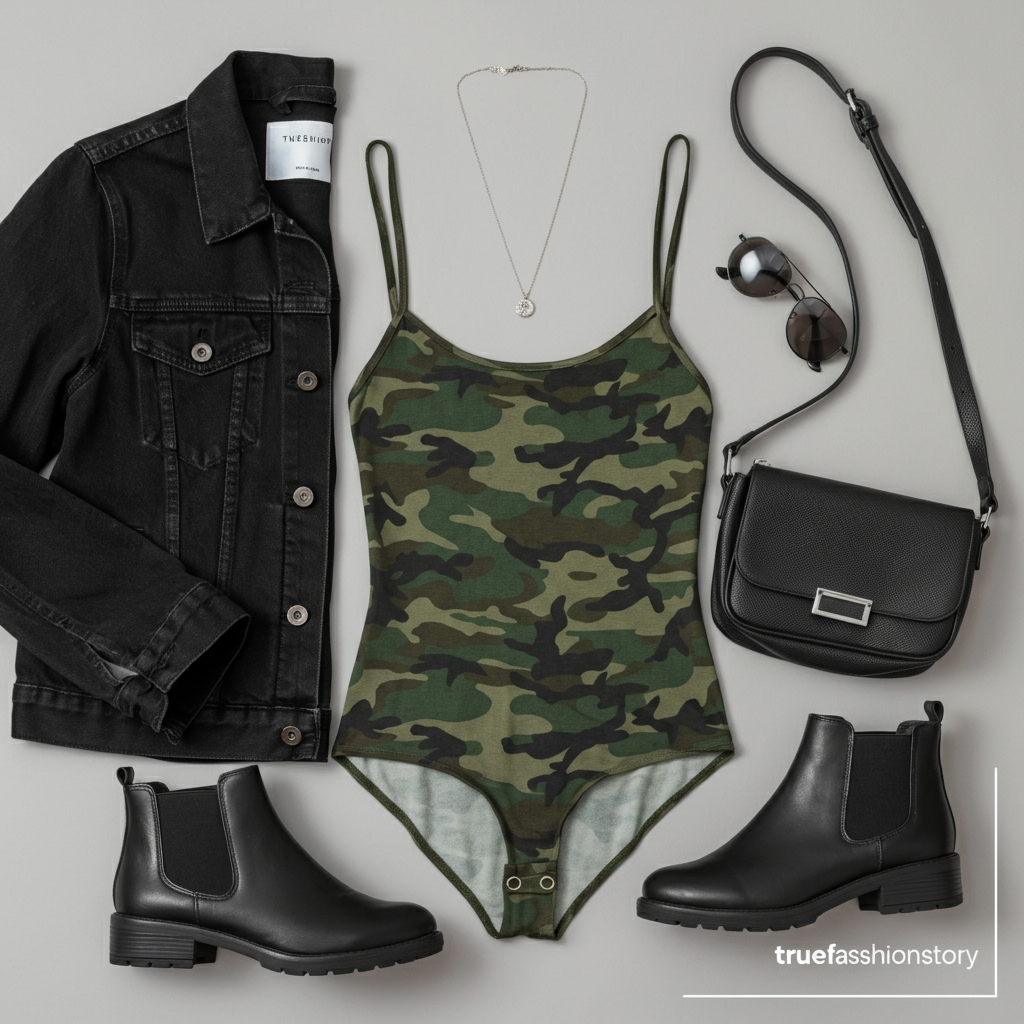 A woman confidently wearing a stylish camouflage bodysuit paired with black jeans in a modern urban setting.
