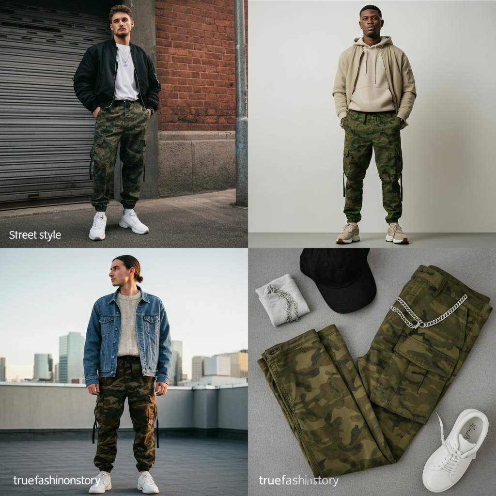 A person wearing cadet kim oversized camo pants camo, styled with a neutral top and sneakers, standing against an urban background.
