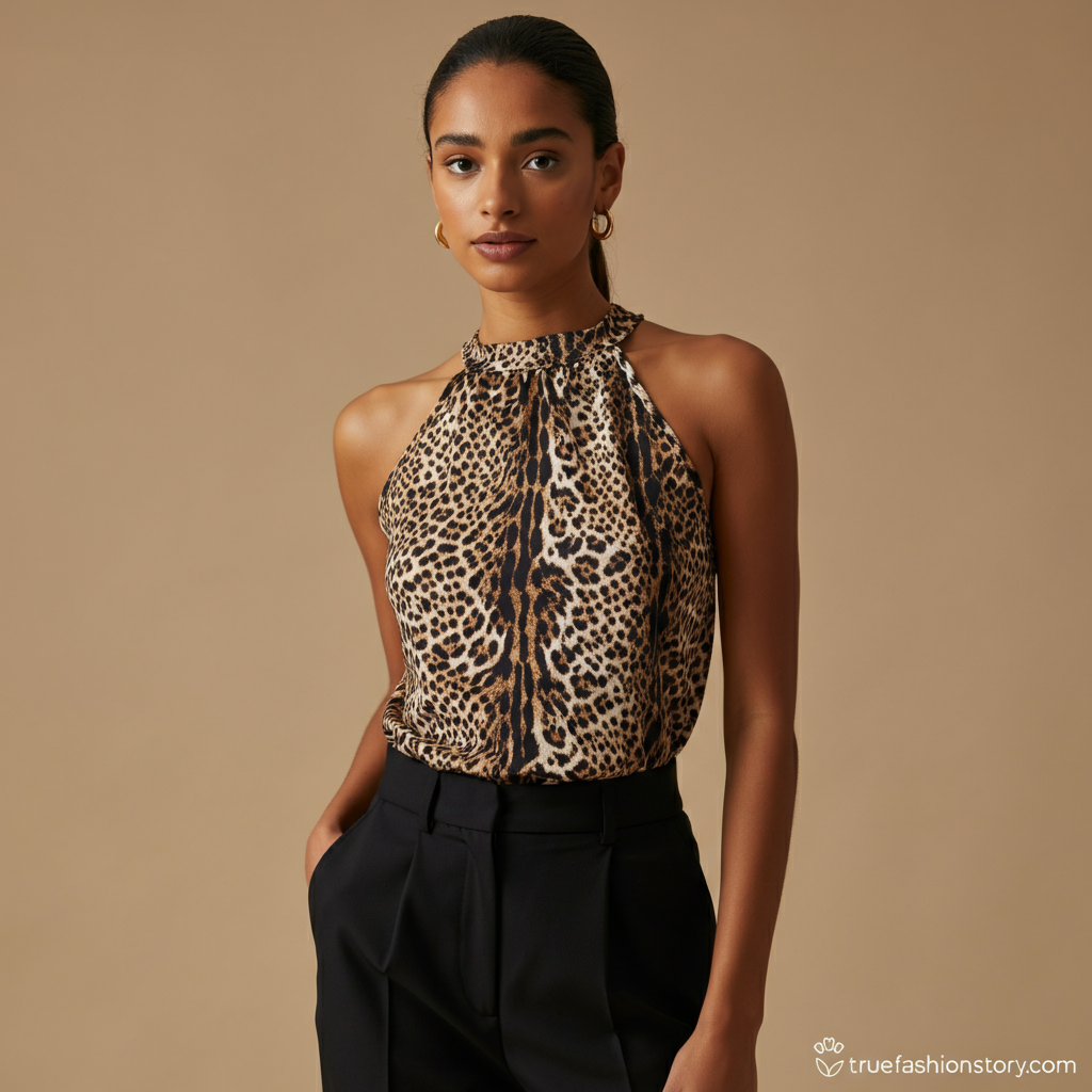 A woman wearing a stylish cheetah print halter top paired with black jeans, standing against a neutral urban background.