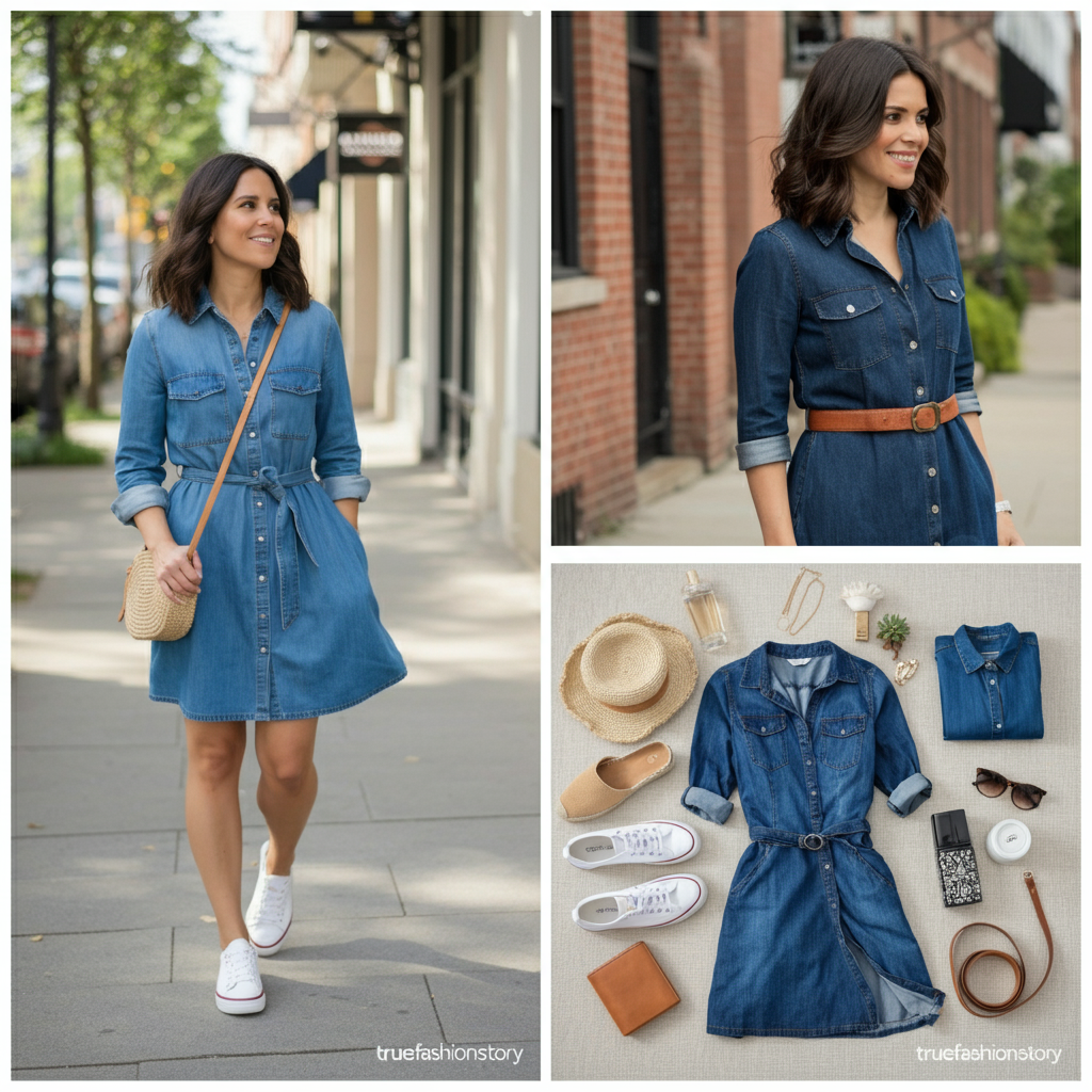 A woman smiling while wearing a stylish medium-wash denim shirt dress, accessorized with a brown leather belt and ankle boots.