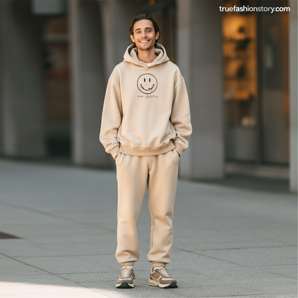 A person wearing a neutral-colored oversized drew clothing hoodie with the signature smiley face logo.