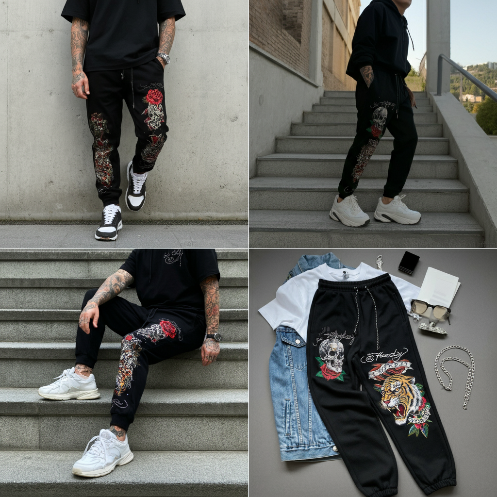A person wearing a pair of stylish ed hardy black sweatpants with detailed tattoo graphics, posing against a neutral urban background.